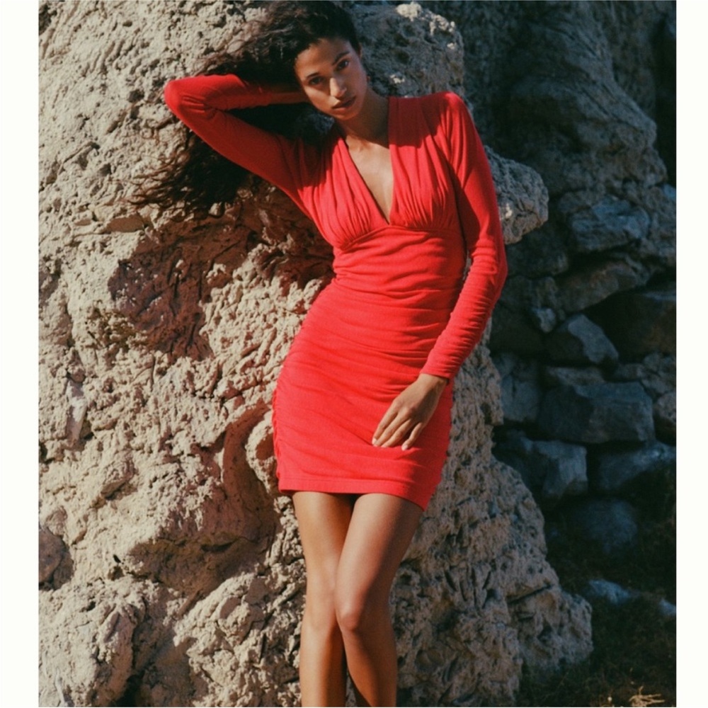 Anthropologie V-Neck Ruched Mesh Midi Dress